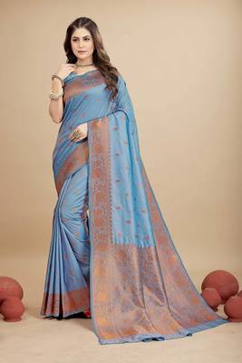 Sky blue pure silk with gold zari Faux kanchipuram paithani saree with blouse 1