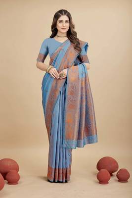 Sky blue pure silk with gold zari Faux kanchipuram paithani saree with blouse 2