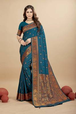 Navy blue pure silk with gold zari Faux kanchipuram paithani saree with blouse 1