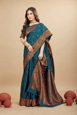 Navy blue pure silk with gold zari Faux kanchipuram paithani saree with blouse 2