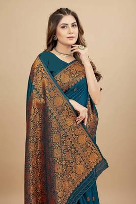 Navy blue pure silk with gold zari Faux kanchipuram paithani saree with blouse 3