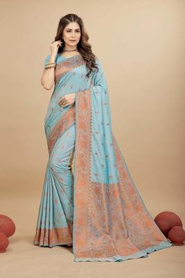 Sky blue pure silk with gold zari Faux kanchipuram paithani saree with blouse 1