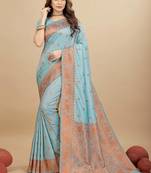 Sky blue pure silk with gold zari Faux kanchipuram paithani saree with blouse