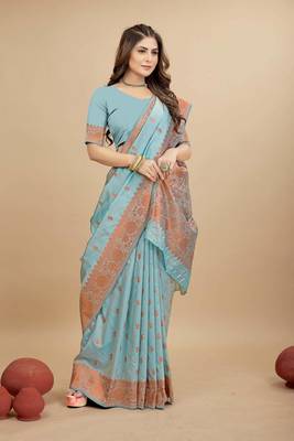 Sky blue pure silk with gold zari Faux kanchipuram paithani saree with blouse 2