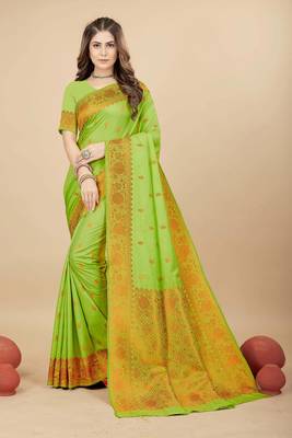 Lime green pure silk with gold zari Faux kanchipuram paithani saree with blouse 1