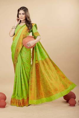 Lime green pure silk with gold zari Faux kanchipuram paithani saree with blouse 2