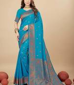 Blue pure silk with gold zari Faux kanchipuram paithani saree with blouse