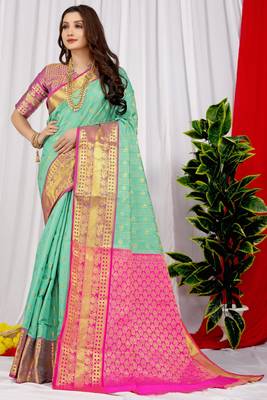 Sky blue pure silk with gold zari Faux kanchipuram paithani saree with blouse 1