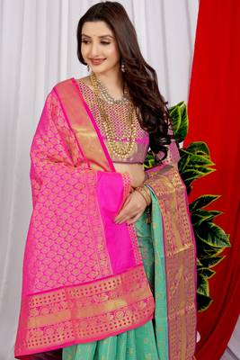 Sky blue pure silk with gold zari Faux kanchipuram paithani saree with blouse 2