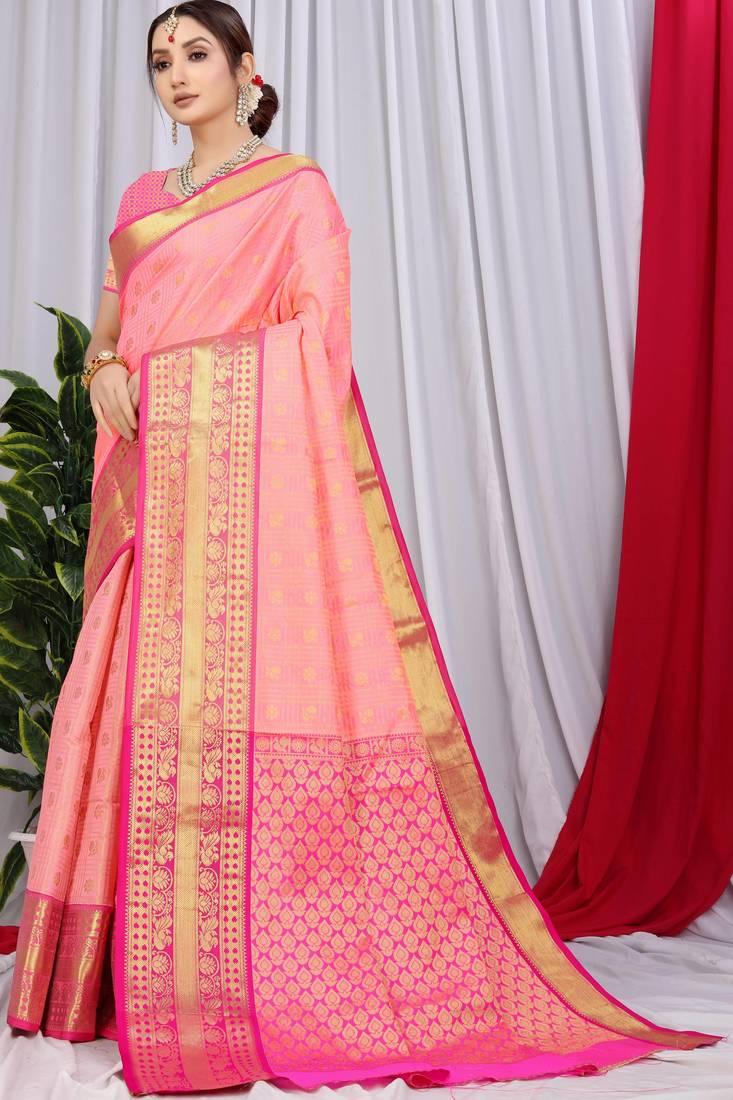 Pink pure heavy silk with gold zari kanchipuram indian luxury  wedding premium paithani saree with blouse
