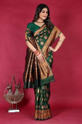 Green pure silk with gold zari Faux kanchipuram saree paithani with blouse 1