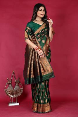 Green pure silk with gold zari Faux kanchipuram saree paithani with blouse 2