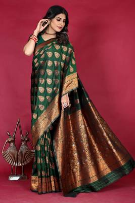 Green pure silk with gold zari Faux kanchipuram saree paithani with blouse 3