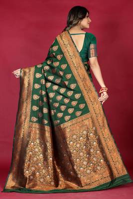 Green pure silk with gold zari Faux kanchipuram saree paithani with blouse 4