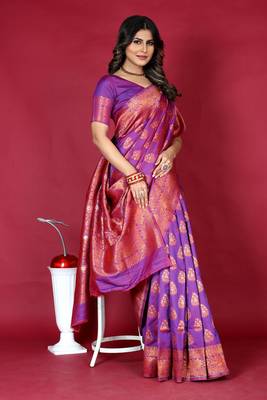 Purple pure silk with gold zari Faux kanchipuram paithani saree with blouse 1