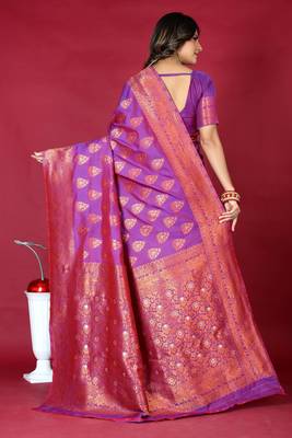 Purple pure silk with gold zari Faux kanchipuram paithani saree with blouse 4