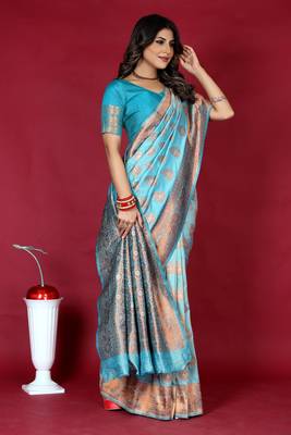 Sky blue pure silk with gold zari Faux kanchipuram paithani saree with blouse 1