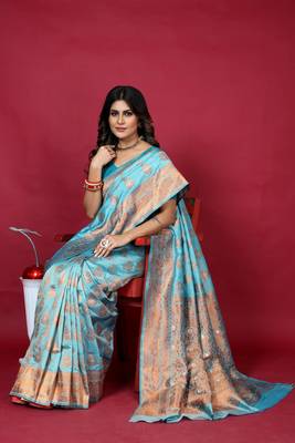 Sky blue pure silk with gold zari Faux kanchipuram paithani saree with blouse 2