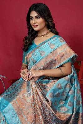 Sky blue pure silk with gold zari Faux kanchipuram paithani saree with blouse 3