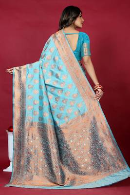 Sky blue pure silk with gold zari Faux kanchipuram paithani saree with blouse 4
