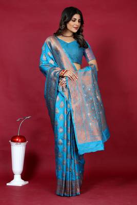 Blue pure silk with gold zari Faux kanchipuram paithani saree with blouse 1