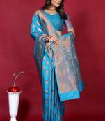 Blue pure silk with gold zari Faux kanchipuram paithani saree with blouse