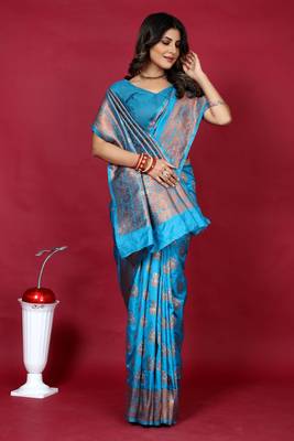 Blue pure silk with gold zari Faux kanchipuram paithani saree with blouse 2