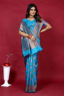Blue pure silk with gold zari Faux kanchipuram paithani saree with blouse 3