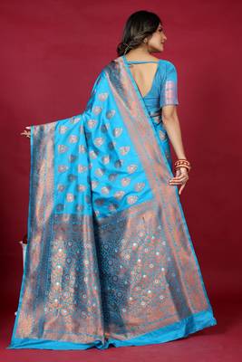 Blue pure silk with gold zari Faux kanchipuram paithani saree with blouse 4