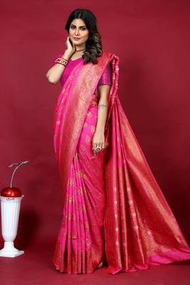 Pink pure silk with gold zari Faux kanchipuram paithani saree with blouse 1