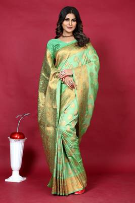 Lime green pure silk with gold zari Faux kanchipuram paithani saree with blouse 1