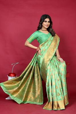 Lime green pure silk with gold zari Faux kanchipuram paithani saree with blouse 2