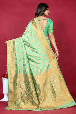 Lime green pure silk with gold zari Faux kanchipuram paithani saree with blouse 4