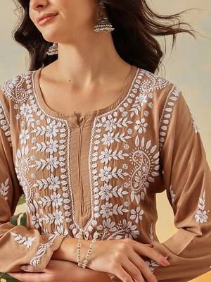 Hand Embroidered Taupe Brown Rayon Lucknowi Chikankari Indian Co-Ord Set For Women 6