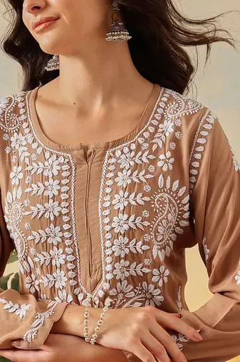 Hand Embroidered Taupe Brown Rayon Lucknowi Chikankari Indian Co-Ord Set For Women