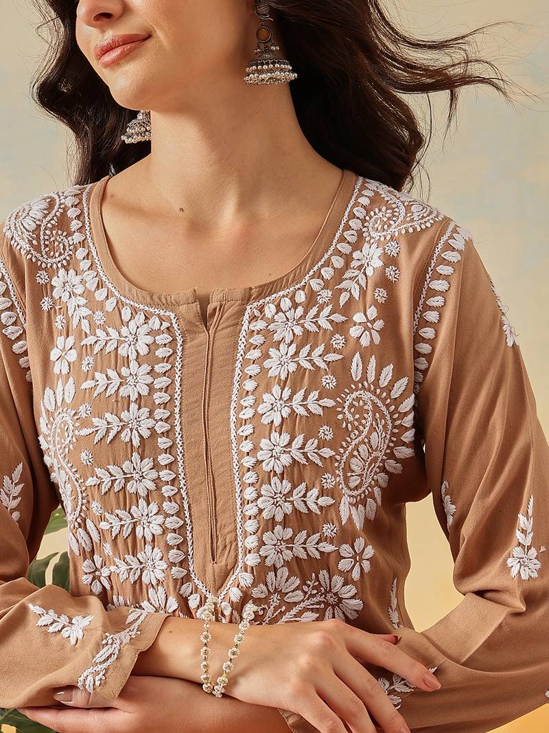Hand Embroidered Taupe Brown Rayon Lucknowi Chikankari Indian Co-Ord Set For Women