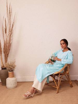 Hand Embroidered Sky Blue Rayon Lucknowi Chikankari Indian Straight Kurta For Women 6