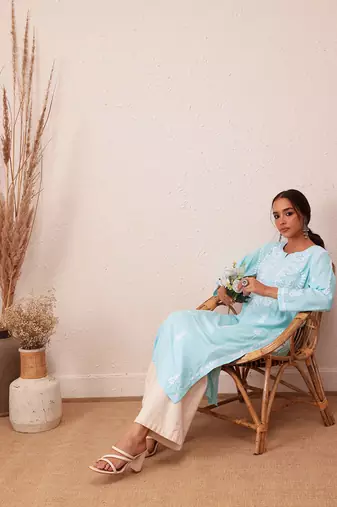 Hand Embroidered Sky Blue Rayon Lucknowi Chikankari Indian Straight Kurta For Women