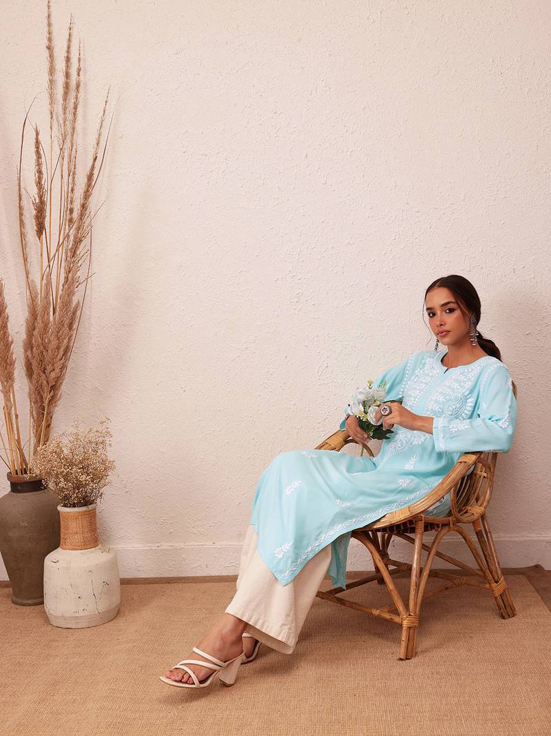 Hand Embroidered Sky Blue Rayon Lucknowi Chikankari Indian Straight Kurta For Women