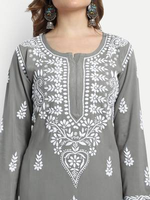 Hand Embroidered Grey Rayon Lucknowi Chikankari Indian Co-Ord Set/Kurta Palazzo Set For Women 3