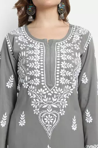 Hand Embroidered Grey Rayon Lucknowi Chikankari Indian Co-Ord Set/Kurta Palazzo Set For Women