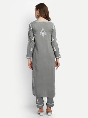 Hand Embroidered Grey Rayon Lucknowi Chikankari Indian Co-Ord Set/Kurta Palazzo Set For Women 4