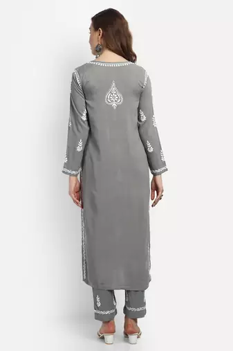 Hand Embroidered Grey Rayon Lucknowi Chikankari Indian Co-Ord Set/Kurta Palazzo Set For Women
