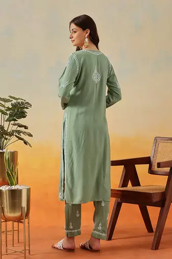 Hand Embroidered Sage Green Rayon Lucknowi Chikankari Indian Co-Ord Set For Womens