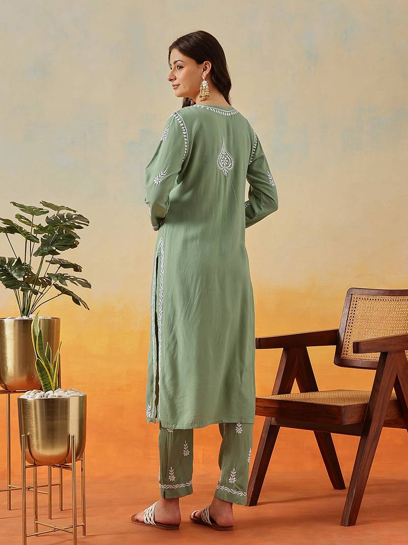 Hand Embroidered Sage Green Rayon Lucknowi Chikankari Indian Co-Ord Set For Womens