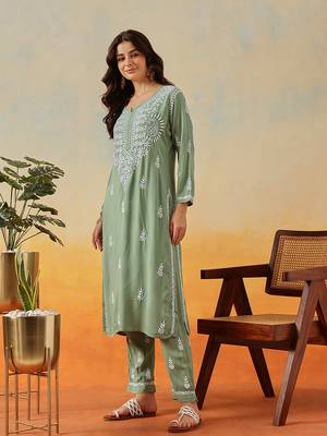 Hand Embroidered Sage Green Rayon Lucknowi Chikankari Indian Co-Ord Set For Womens 3