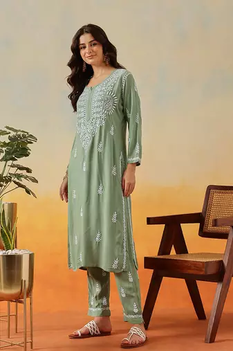 Hand Embroidered Sage Green Rayon Lucknowi Chikankari Indian Co-Ord Set For Womens