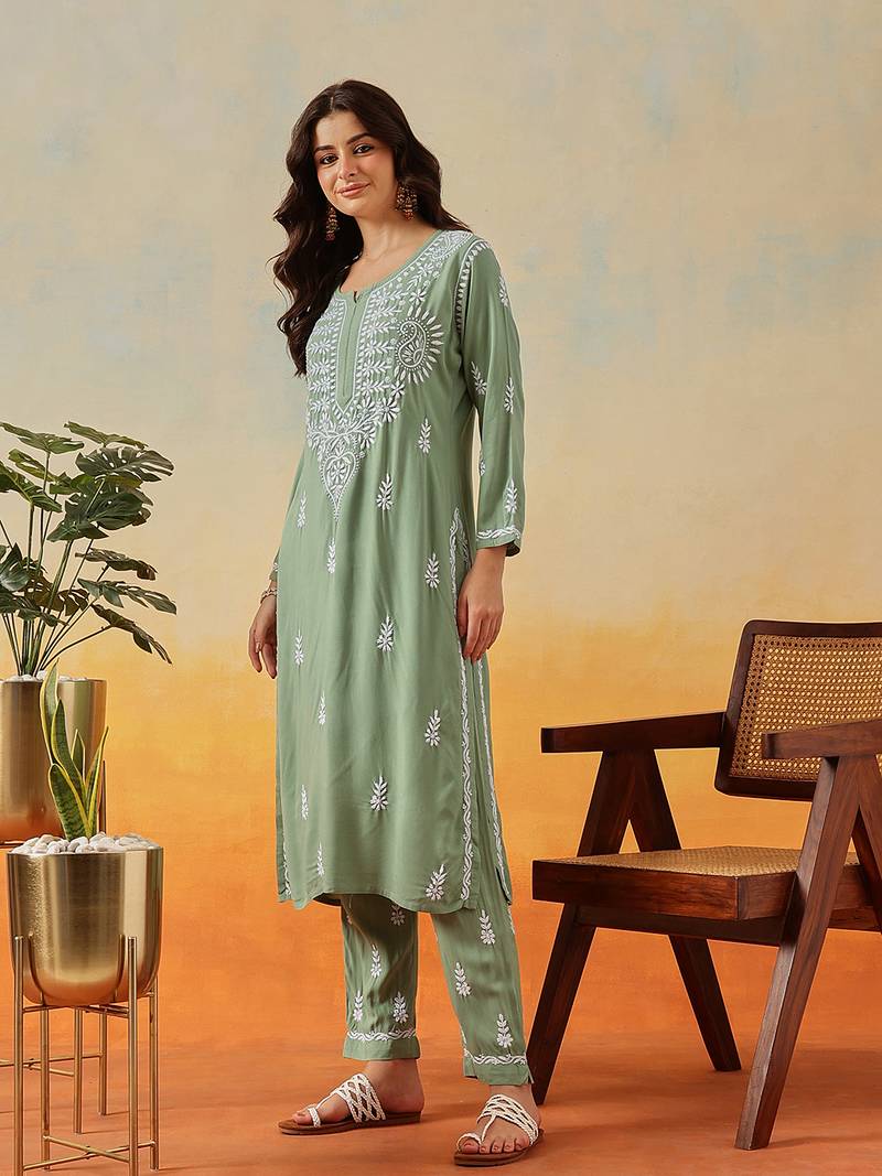 Hand Embroidered Sage Green Rayon Lucknowi Chikankari Indian Co-Ord Set For Womens