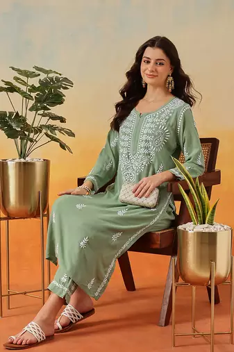 Hand Embroidered Sage Green Rayon Lucknowi Chikankari Indian Co-Ord Set For Womens