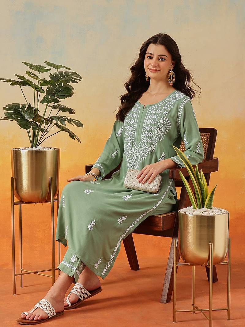 Hand Embroidered Sage Green Rayon Lucknowi Chikankari Indian Co-Ord Set For Womens